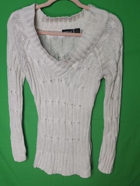 Vintage Y2K Wet Seal Cable Knit Deep V Neck Sweater Cream Bella Swan S
